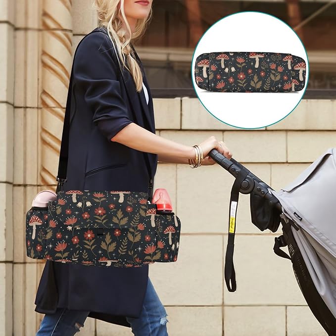 Forest Mushrooms Flowers Black Print Universal Stroller Organizer with Shoulder Strap & Cup Holder，Baby Stroller Caddy Bag for Shopping and Walking