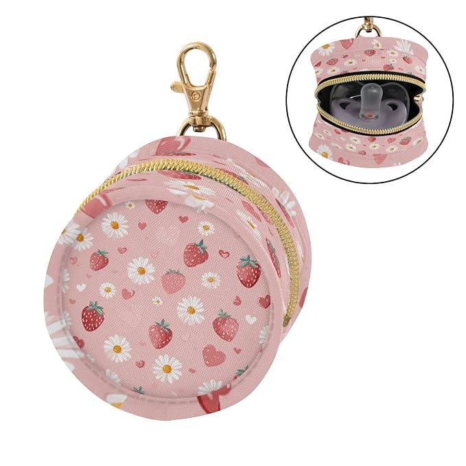 Pacifier Holder with Clip Pacifier Case for Diaper Bag Round Baby Pacifier Pouch Box Bag Portable Pink Floral Strawberry Hearts