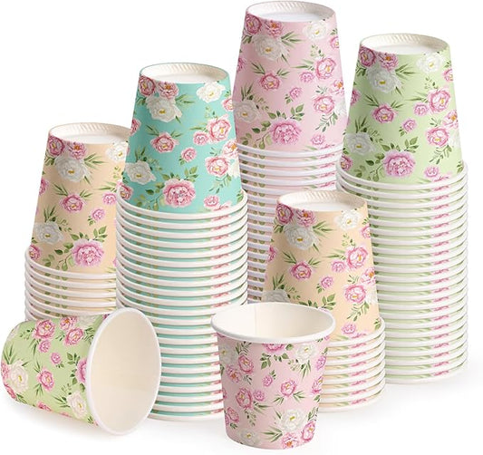 WRAPAHOLIC 3oz Paper Cups - 100 Pack Disposable Bathroom Cups with Colorful Rose Floral Design, Small Mouthwash Cup for Toothbrush Rinse, Home Bathroom, Picnic, BBQ, Travel and Party