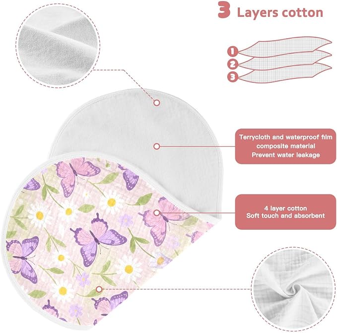Purple Butterflies Muslin Baby Burp Cloths - Super Absorbent and Soft Burping Rags - Cotton Burp Clothes Set for Boys and Girls, 2 Pack