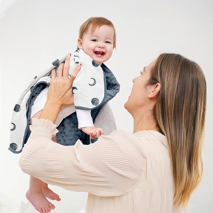 Susurration Baby Blanket for Unisex Boys Girls, 2 Pack Soft Fluffy Crib Blankets with Muslin Cotton Front and Dotted Fleece Back, Receiving Blanket for Baby Newborn Infant, 30x40in, Bluemoon&Navy Blue