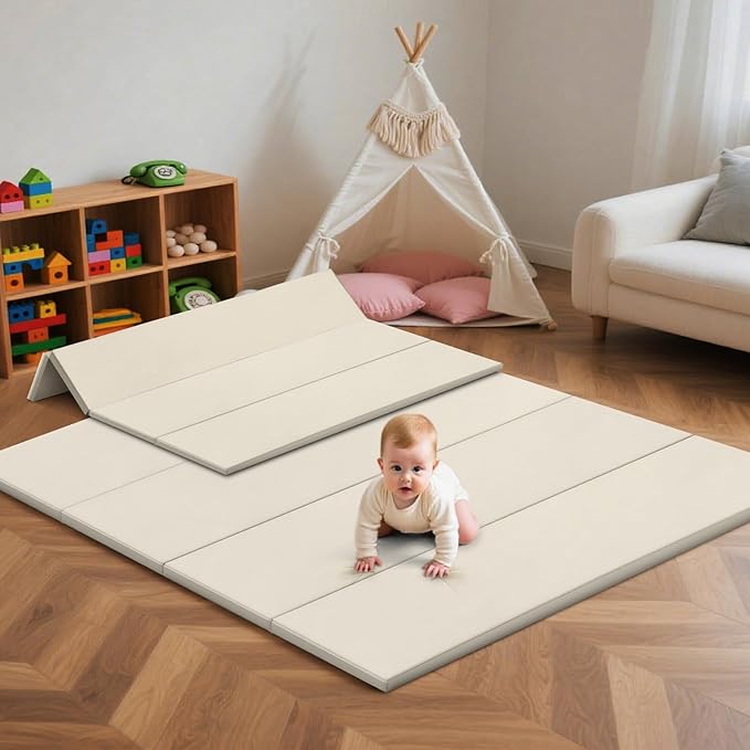 Suihuooo Baby Play Mat Foldable, 1.2" Thick Waterproof Playmats for Floor, Thicken Foam Playmat for Tummy Time, 47x47 Playpen Mat, Portable Baby Floor Mat for Infant, Toddler, Beige