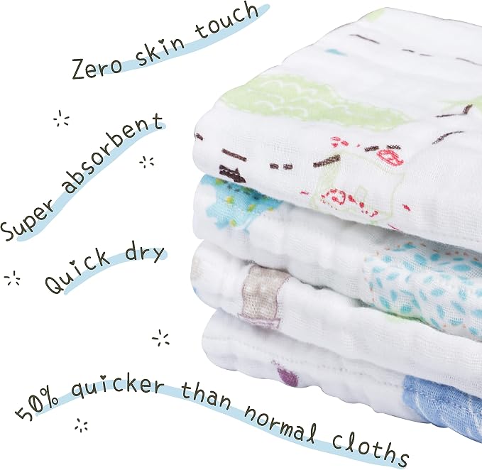 Viviland Baby Muslin Burp Cloths, 100% Cotton Super Absorbent Washcloths for Baby Girl and Boy, 10 x 20 inches 6-Layer Baby Bath Towels, Elephant & Whale Pattern 4 Pack
