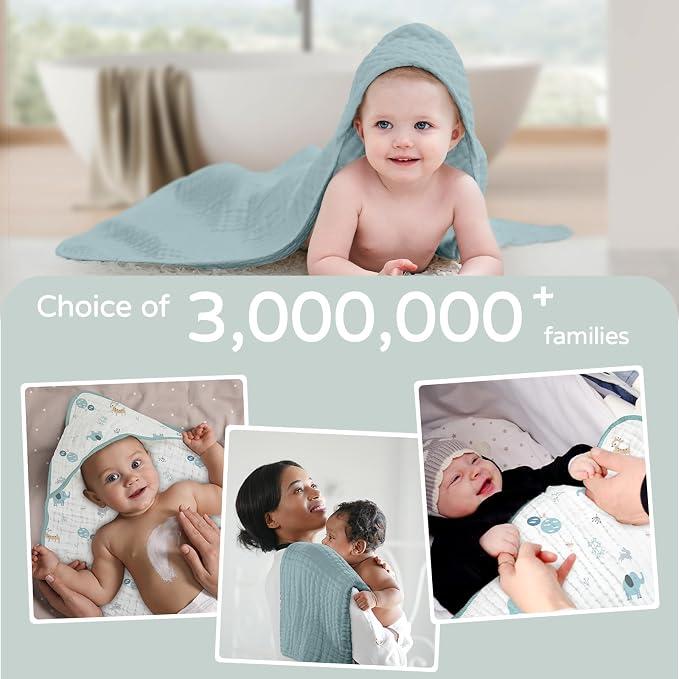 Yoofoss Hooded Baby Towels for Newborn 2 Pack 100% Muslin Organic Cotton Baby Bath Towel with Hood for Babies, Infant, Toddler and Kids, 32x32Inch, Soft and Absorbent Newborn Essential,Blue Elephant
