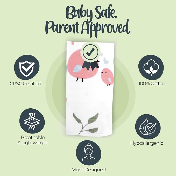 BabySparrow Muslin Swaddle Blankets 3-Pack – Pink Bird 47x47 Cotton Baby Swaddles for Newborns, Soft Breathable Receiving Blankets & Newborn Essentials, for Girls & Boys