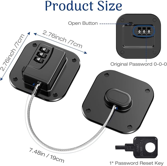 Fridge Refrigerator Lock with Combination, Heavy Duty Lock for Cabinet, Drawers, Closet, Safety Easy Install No Keys Needed (Black-2Pack)
