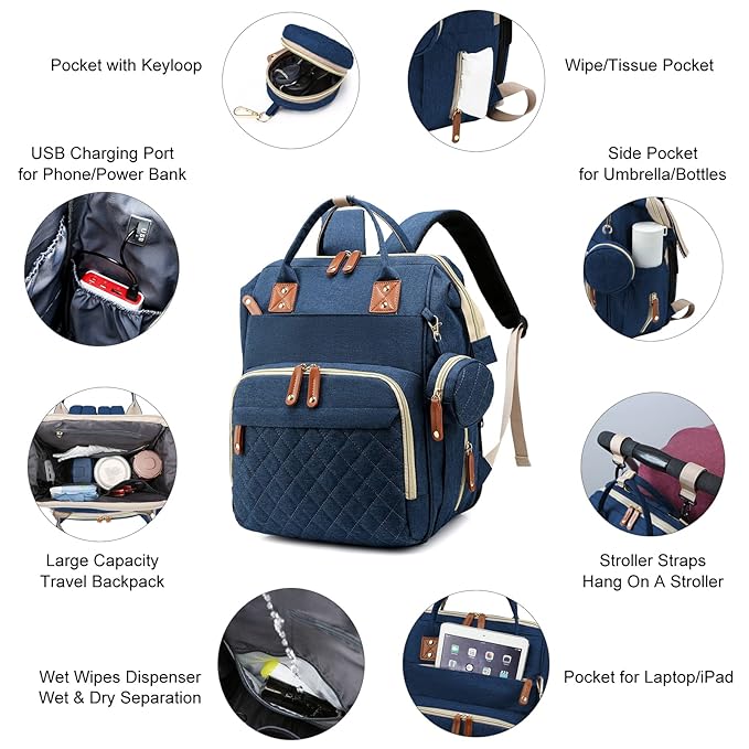 Awanhe Baby Diaper Bag Backpack with Changing Station, Waterproof Bags for Boys & Girls, USB Charging Port, Blue
