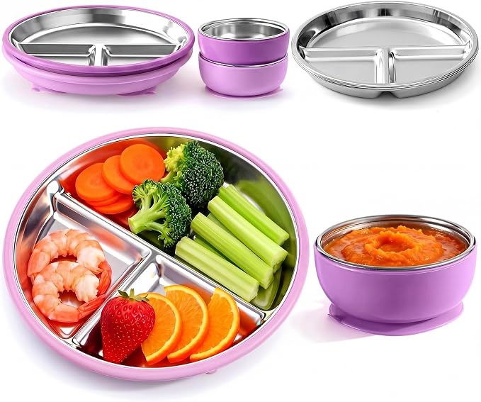 Havawish 4 Pcs Stainless Steel Baby Plate and Bowl with Suction, 8.3" Kid Divided Plate 4" Toddler Bowl with Removable Silicone, BPA-free Non-slip Baby Feed Set Dishwasher Safe for Boy Girl (Purple)
