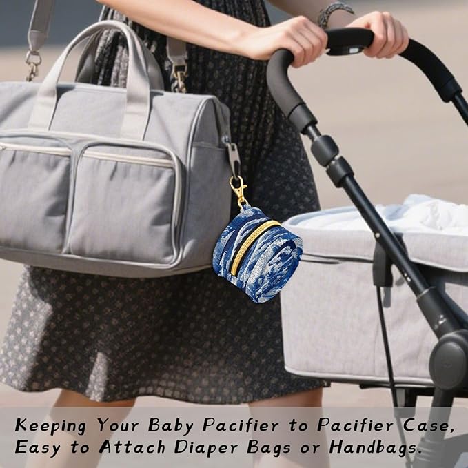 Pacifier Holder with Clip Pacifier Case for Diaper Bag Round Baby Pacifier Pouch Box Bag Portable Japanese Deep Blue Sea Waves