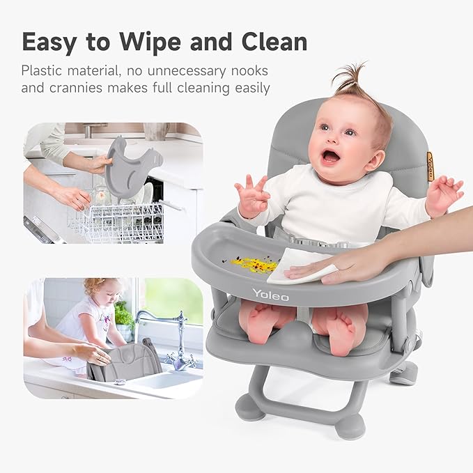 YOLEO Baby High Chair Booster Seat for Dining Table, Foldable High Chairs with Adjustable Heights, Travel Booster Seat with Removable Tray