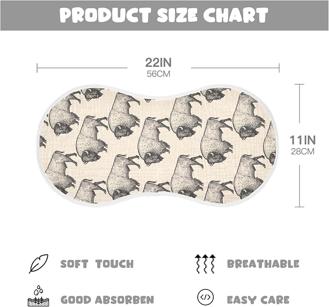 Muslin Burp Cloths for Baby Boys and Girls - 1-Pack Ultra Absorbent North America Bison Muslin Washcloths, Newborn Towel, Milk Spit Up Rags, Burp Cloth Bib for Unisex, 22 x 11 Inch