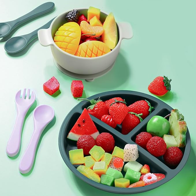 Dandat 24 Pcs Silicone Baby Feeding Set,6 Baby Toddler Suction Bowls 6 Divided Suction Plates with 6 Forks 6 Spoons, Utensils Set for Weaning Infant Feeding and Eating, 6 Styles (Elegant Color)