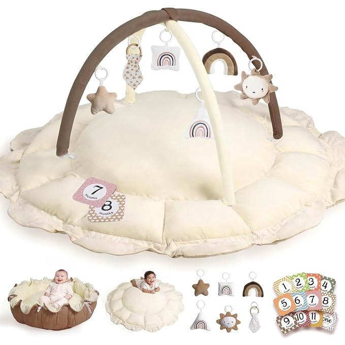 Little Dove 5-in-1 Convertible Baby Play Gym with 6 Toys, Tummy Time Mat for Sensory Development, Baby Activity Center for Newborn & Toddler, Ball Pit, Soft Pet Mat, No Ball Included Brown
