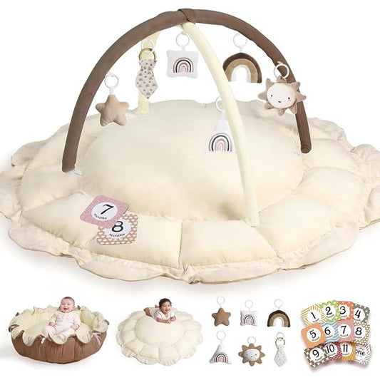 Little Dove 5-in-1 Convertible Baby Play Gym with 6 Toys, Tummy Time Mat for Sensory Development, Baby Activity Center for Newborn & Toddler, Ball Pit, Soft Pet Mat, No Ball Included Brown