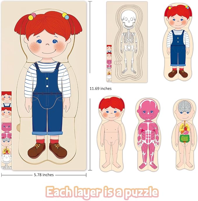Wooden My Body Puzzle for Toddlers & Kids, Girls Montessori Anatomy Puzzle Kid Play Set, Preschool Game Learning Human Body Skeleton Toys for Kids Ages 3-5