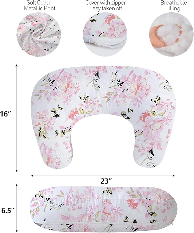 Little Grape Land Nursing Pillow, Upgraded Breast Feeding Pillow for Mom, Breastfeeding Bottle Feeding for 0??6 Months, Machine Washable Cover with Firm Breathable Filling for Tummy Time, Rose Floral