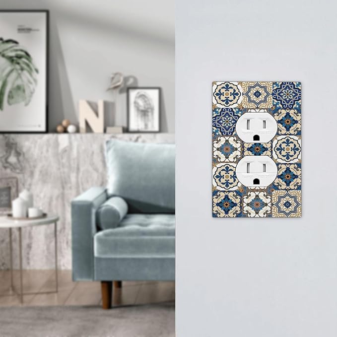 Boho Talavera Decorative Tile Moroccan Mandala Print Outlet Covers 1 Gang Duplex Light Switch Cover Decorative Switch Plates Electrical Receptacle Faceplate Wall Plate for Bathroom Kitchen Decor
