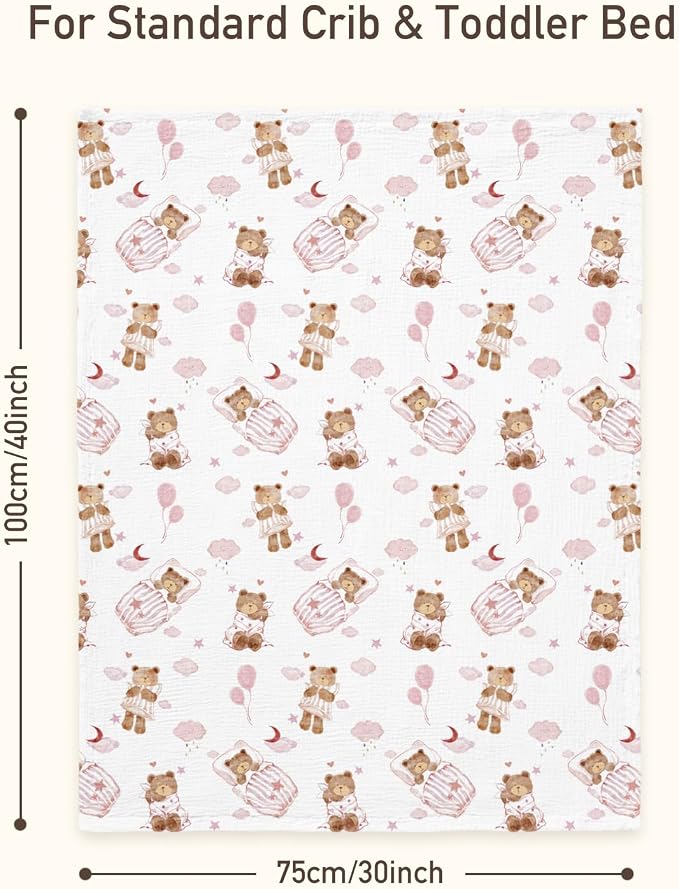 GLLQUEN BABY Blankets for Girls, Soft Muslin Cotton Front Dotted Fleece Backing, Nursery Minky Crib Blanket for Infant Toddler, 30 x 40 inches Throw Blanket, Pink Bear