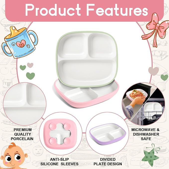 Domensi 3 Sets Kids Porcelain Plates with Silicone Sleeves 8.2 Inch Divided Porcelain Plate Toddler White Suction Dishes for Baby Troubleless Eating Microwave Dishwasher Safe (Classic)