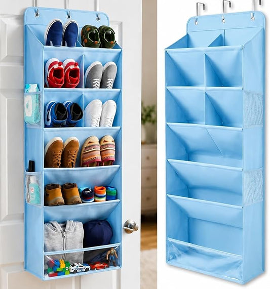 6 Tier Hanging Shoe Organizer – 100D Extra Thick Deep Pockets, Shoe Rack for Closet, Shoe Rack for Entryway, Shoe Organizer for Closet, Over the Door Shoe Organizer with 4 Side Pockets (Blue)