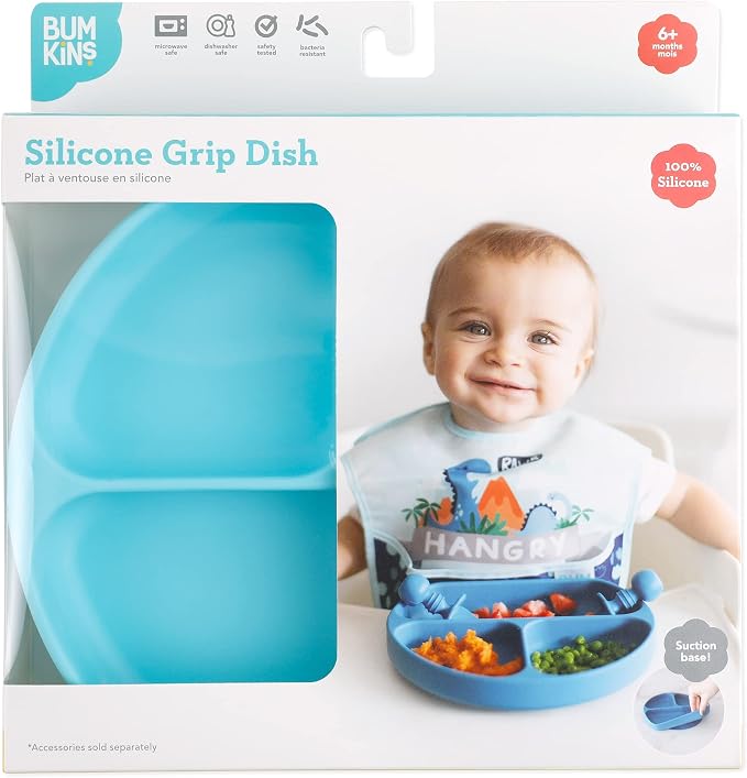 Bumkins Silicone Grip Dish, Suction Plate, Divided Plate, Baby Toddler Plate, BPA Free, Microwave Dishwasher Safe, Blue-GD, 1 Count (Pack of 3)