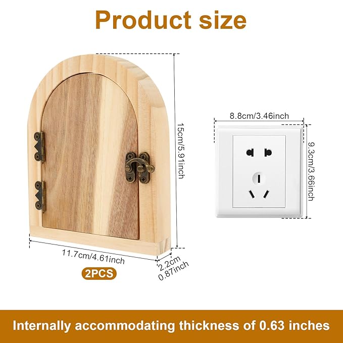 2 Pcs Fairy Door Outlet Covers, Wooden Outlet Covers, Wood Door Shape Romantic Fairy Door Outlet Cover Plate, No Drilling Outlet Cover Plates, Decorative Wall Outlet Covers for Children and Pets