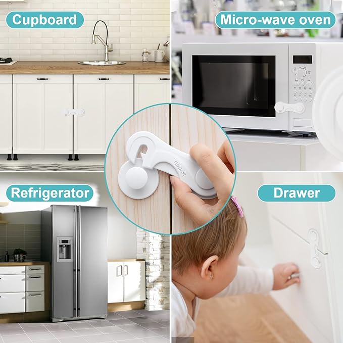 Adoric Cabinet Locks Baby Proofing (4-Pack) - Child Proof Safety Locks for Kitchen Drawers, Closets & Storage - No Drilling, Strong Adhesive Design for Toddler Protection (White)