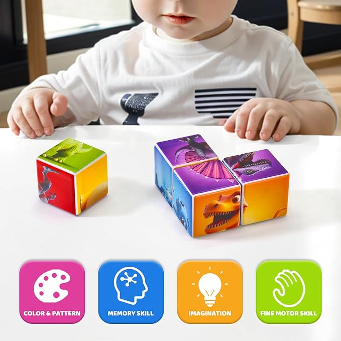 Pairez Toys Magnetic Blocks for Toddlers, Dinosaur Toys Puzzle Cubes for Kids, Sensory Toys for Kids Ages 1-3 Year Old Boys & Girls, 6 Dinosaur Building Ideas