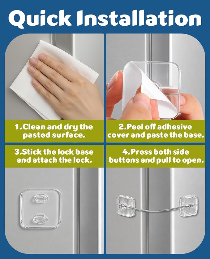 Maveek 4 Pack Baby Proofing Locks Clear, Child & Pet Proof Lock for Cabinet | Dual-Button Fridge Locks Drawer Cupboard Toilet Closet Dresser Kitchen Refrigerator Door Latch For Babies 0-24M