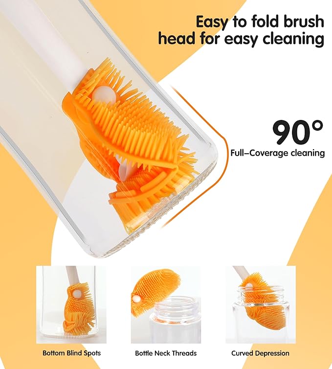 3-in-1 Bottle Cleaner Brush Kit, Long Handle Silicone Baby Bottles Cleaning Brush Set, 360° Flexible Multifunctional Water Bottle Washer for Baby Bottles, Breast Pump, Spout, Nipple & Straw