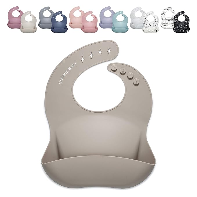 Goobie Baby Silicone Baby Bib with Food Catcher - Adjustable Waterproof Feeding Bib for Babies & Toddlers 4 to 36 Months in Stylish Colors for Girl and Boy - Modern, Soft, Easy to Clean (Taupe)
