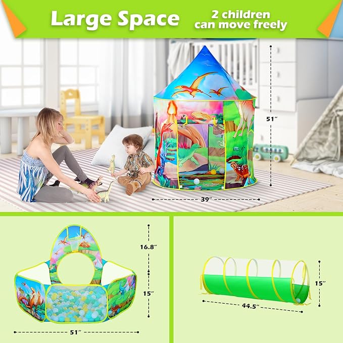 GeerWest 3PC Dinosaur Tent for Girls with Kids Ball Pit, Kids Play Tents and Crawl Tunnel for Toddlers, Pink Pop Up Playhouse Toys for Baby Indoor& Outdoor Tent Games, Birthday Kid?™s Gifts