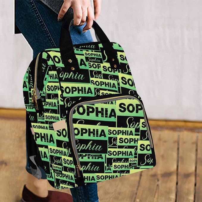 InterestPrint Custom Name Backpack, Personalized Green Label Logo Text Nappy Bags Customized Diapering Bag Backpack Casual Daypack Travel Shoulder Bag for Hiking Camping Work
