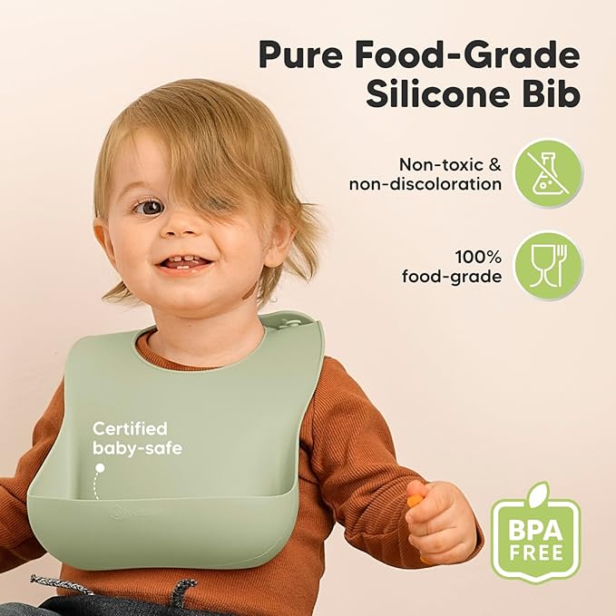 KeaBabies 2-Pack Silicone Bibs for Babies, Toddlers Girl, Boy ??Sturdy Food-Grade Baby Bibs for Eating, Large Food Catcher, Clean & Put On Easily, Waterproof Toddler Feeding Essentials (Sage)