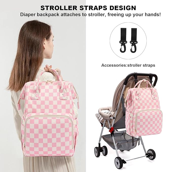 Baby Diaper Bag Backpack for Mom, Large Capacity Travel Nappy Bag for Boys & Girls with Stroller Straps (Corduroy Checkered Pink)