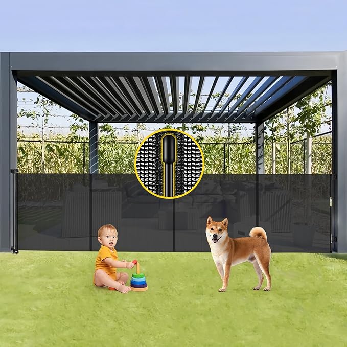 Reinforced 42??Tall x 160??Extra Wide Retractable Baby Gates with Support Rods, Outdoor Pet Gate for Wide Openings, Tall Baby Gates for Dogs Extra Long Dog Gate Large Outdoor Gates for Decks, Black
