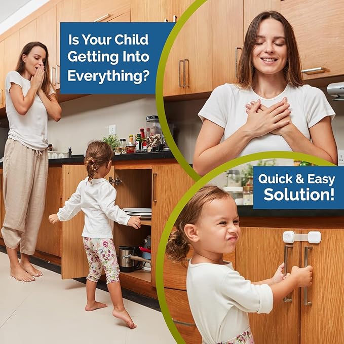 Swekid Child Safety Cabinet Locks (8-pack) Baby Profing - Safe Quick and Easy 3M Adhesive - Adjustable Cabinet Drawer Door Latches for Furniture Fridge Ovens Toilet Seats, No Drilling Required