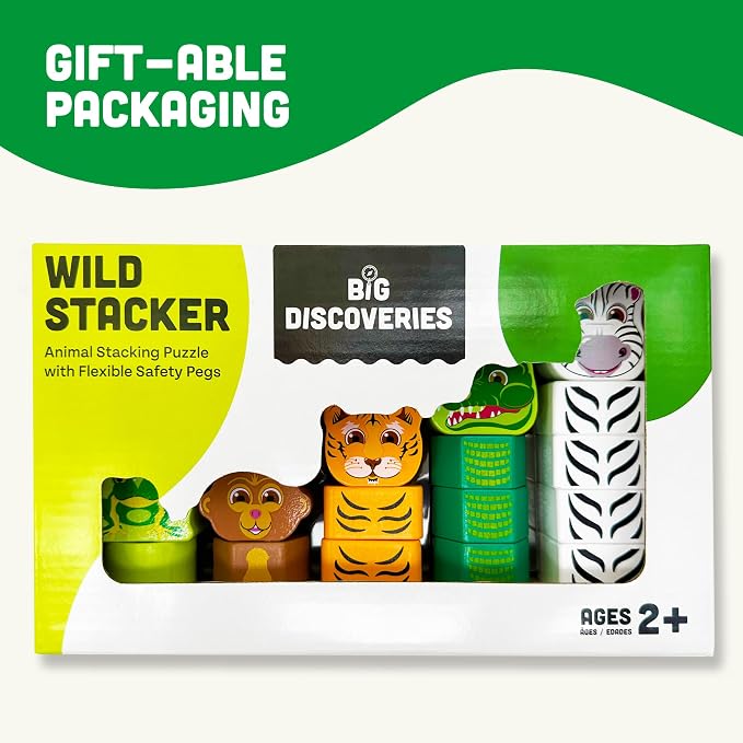 Big Discoveries Wild Stacker - Animal Block Stacking Puzzle for Ages 2 and Up | Durable Wooden Geometry Shape Toy with Flexible Safety Pegs and Pegboard - Fun Montessori Stack Toy for Toddlers