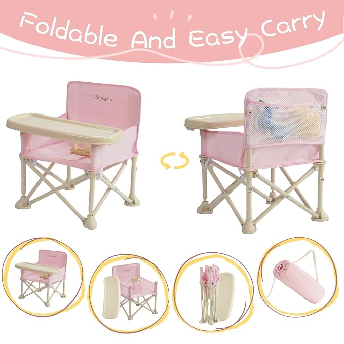 Portable Baby Chair,Portable 3-in-1 Baby Booster Seat with Tray,Folding Toddler High Chair for Travel,Camping, Home & Dining, Easy to Clean & Store, Safe with Child Safety Belt Carry Bag(Pink)