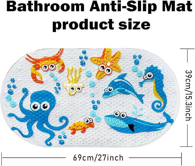 PTAPIPI Sea Animal Kids Bath Mat - 27x15 Inch Oval PVC Mat with Suction Cups, Machine Washable, Colorful Design for Children (Cute Cartoon Octopus)
