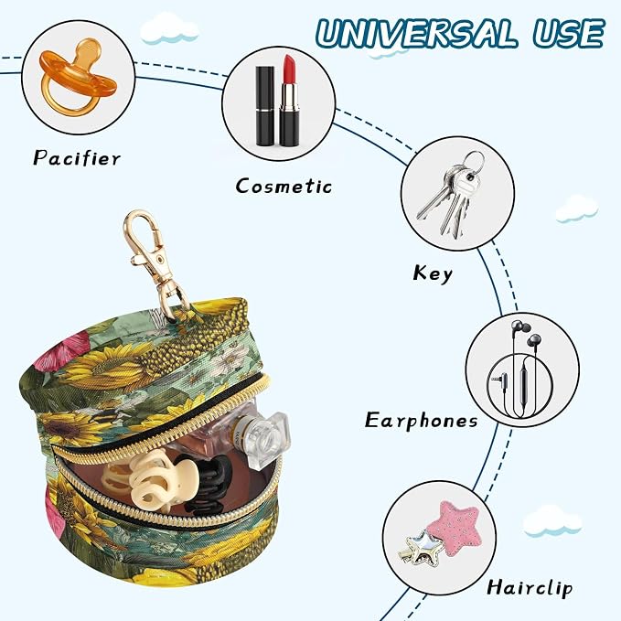 Pacifier Holder with Clip Pacifier Case for Diaper Bag Round Baby Pacifier Pouch Box Bag Portable Bees Sunflowers Leaves Green