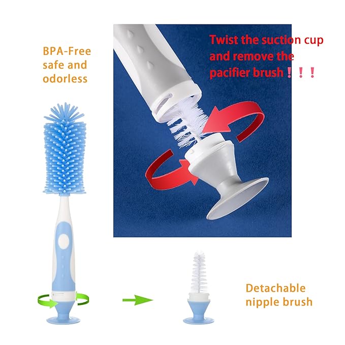 Chemimoso Multifunctional Cleaning Brush, Baby Bottle Brush, Bottle Brush Cleaner, Rotate The Suction Cup to Obtain The Small Bristle Brushes, Set Z, Pink, Nylon and Nylon Brush