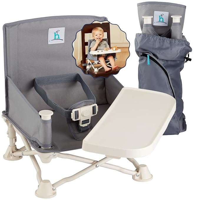 Hiccapop OmniBoost Travel Booster Seat with Tray for Baby, Dining Table, Camping, Beach, Grandma?™s | Folding Portable Tip-Free Design Straps to Kitchen Chairs