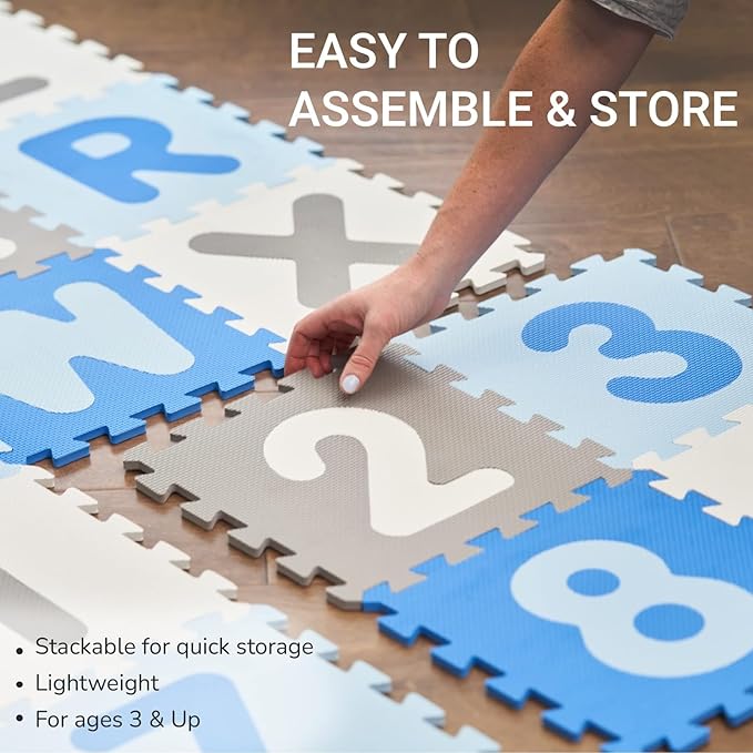 Tadpoles Foam Playmats for Kids, 36 Interlocking Tiles Teach the ABCs and Numbers 0-9, Total Floor Coverage 74” x 74” (36 Sq Ft), For Ages 3 and Up, Colors: Blue/Grey