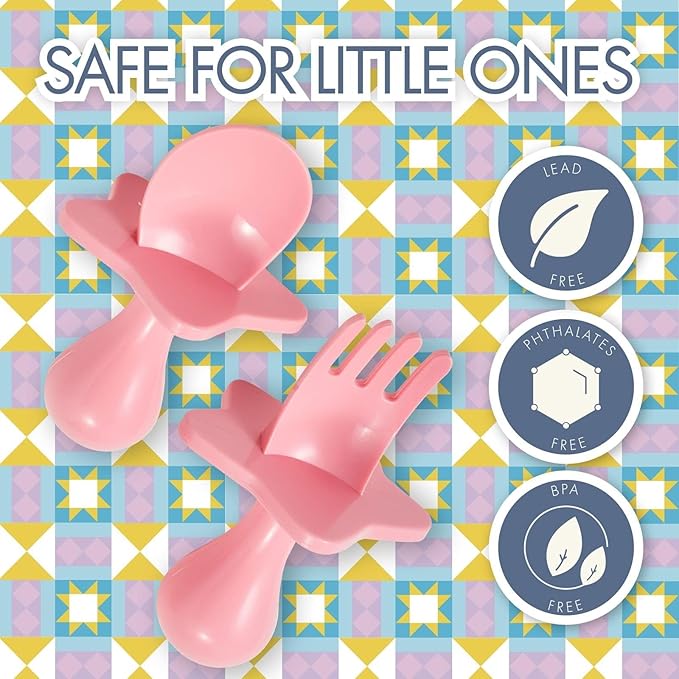 Elli&Nooli Silicone Fork & Spoon Set - 2-Piece Set, Pink - Self-Feeding Training & Toddler Utensils - Ergonomic Star-Shaped Barrier & Baby Feeding Essentials