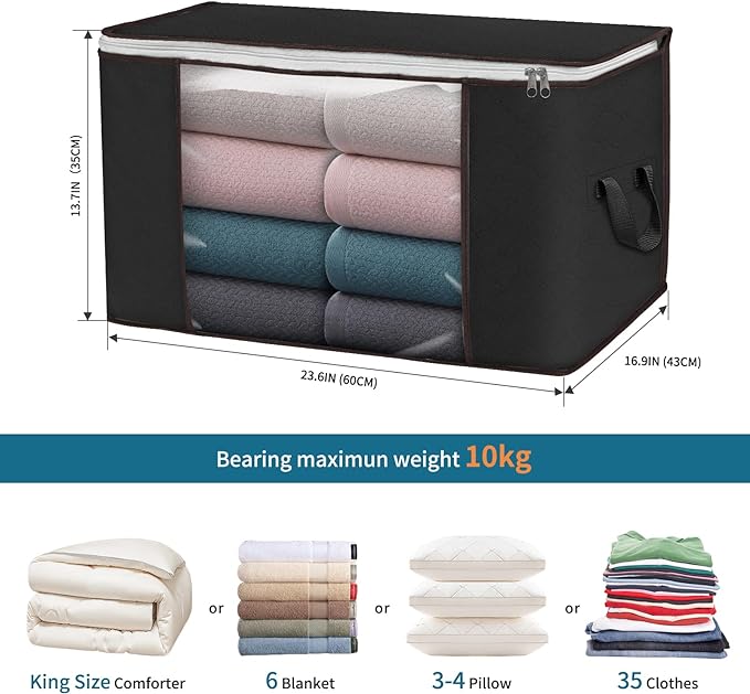 Large Storage Bags, 3 Pack Clothes Storage Bins Foldable Closet Organizers Storage Containers with Durable Handles Thick Fabric for Blanket Comforter Clothing Bedding 90 L (Black)