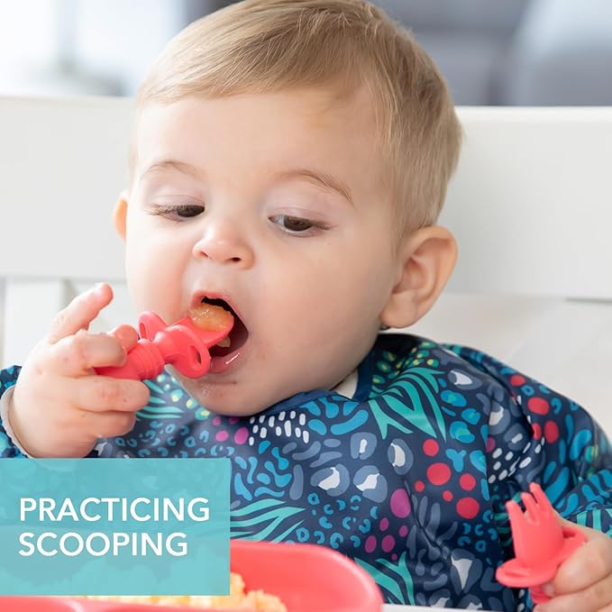 Bumkins Baby Utensils Set, Chewtensils Silicone Spoons for Dipping, Self-Feeding, Baby Led Weaning, Trainer Learning, First Stage Eating, Soft Practice Fork and Spoon, Babies 6 Months, Red