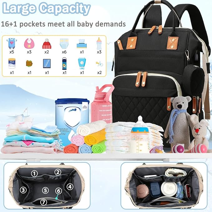 Black Diaper Bag Backpack, Multifunctional Waterproof Mommy Bag with Changing Pad, USB Port, Stroller Straps, Large Capacity Baby Travel Bag (balck)