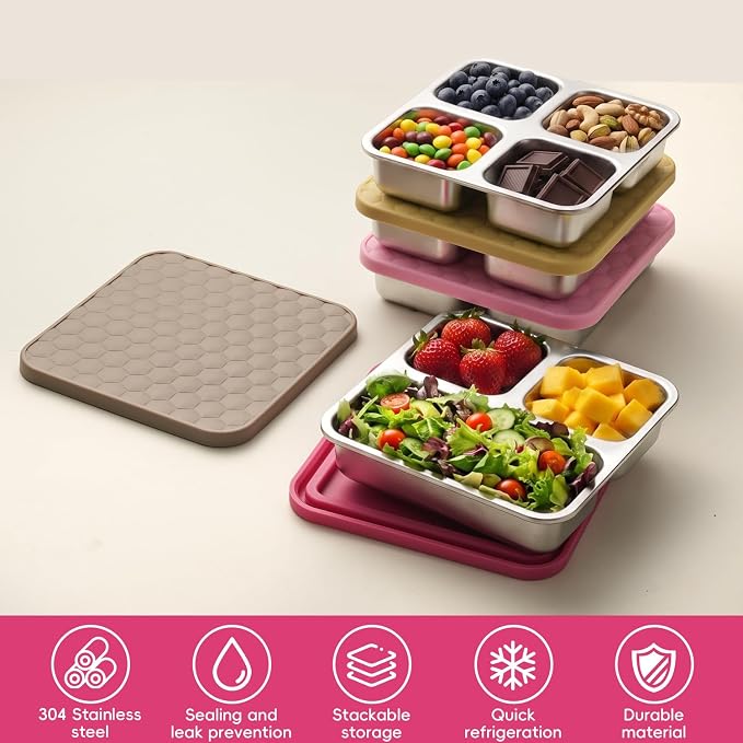 Tanjiae Stainless Steel Snack Containers with Lids, 20oz Multi-Compartment Leak Proof Small Bento Box for Kids & Toddlers - Reusable Metal Food Containers for School Lunch, Travel, Daycare