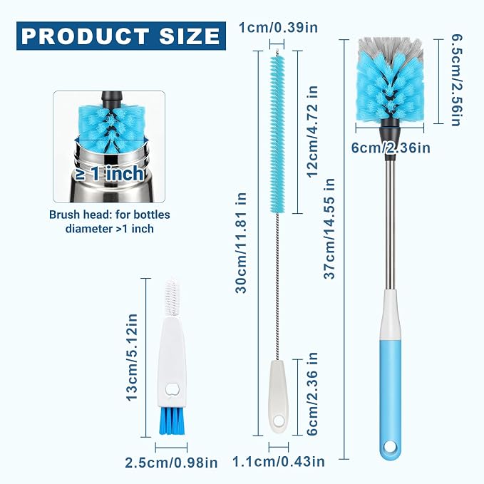Bottle Brush 15-inch Long Bottle Brush, Kitchen Brush Set with Straw Cleaner and Cup Lid Cleaning Brush. Bottle Brushes Suitable for Water Bottles, Cups, Glasses, Baby Bottles (4, Blue)